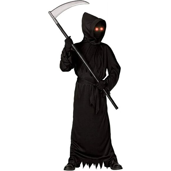 💀 Kids Grim Reaper Costume w/ Scythe & Glowing Eyes Size M NIP - Picture 1 of 7